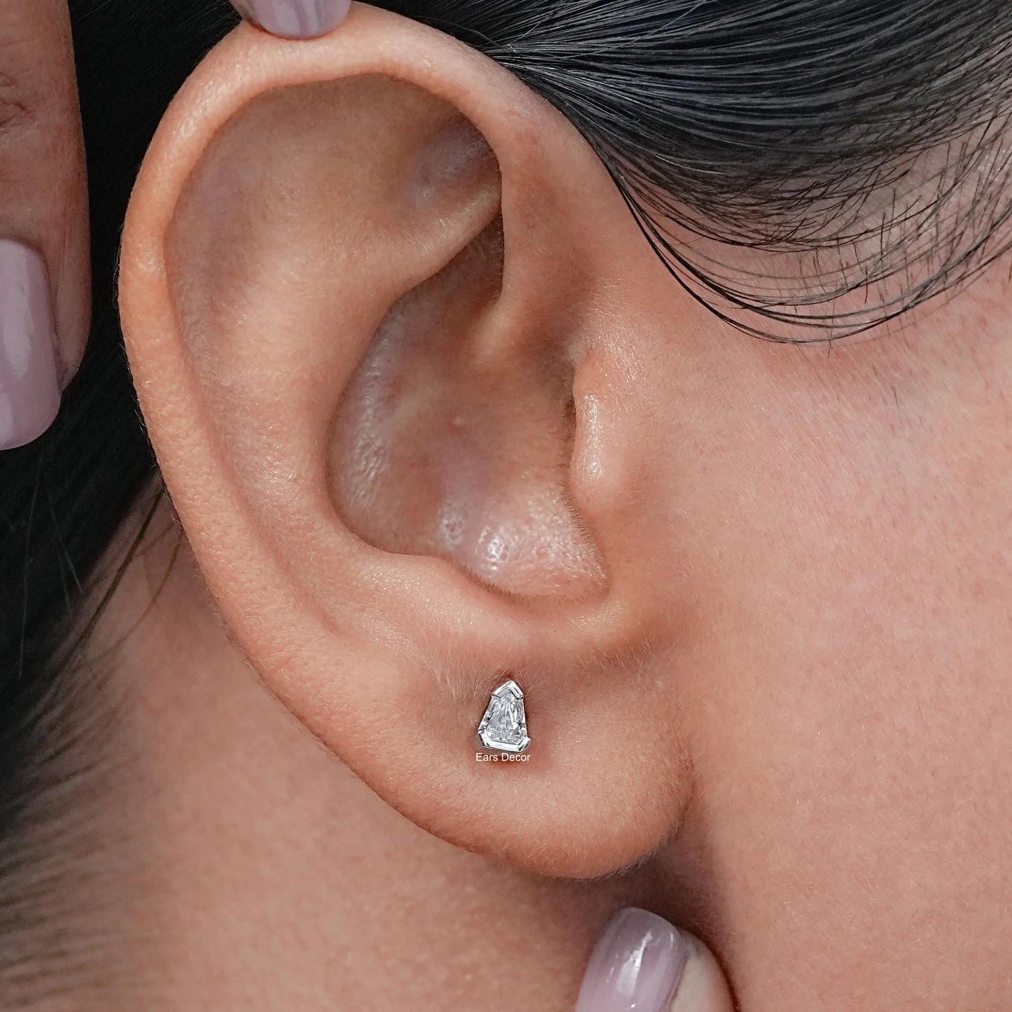 Arrow Cut Round Diamond Half Bezel Stud Earrings