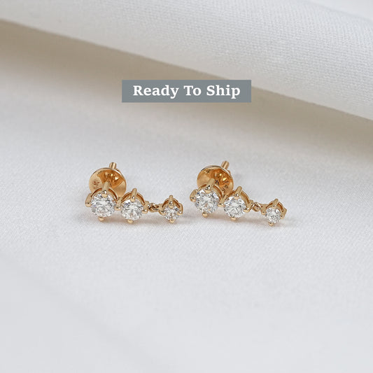 Three Stone Round Cut Lab Diamond Drop Earrings