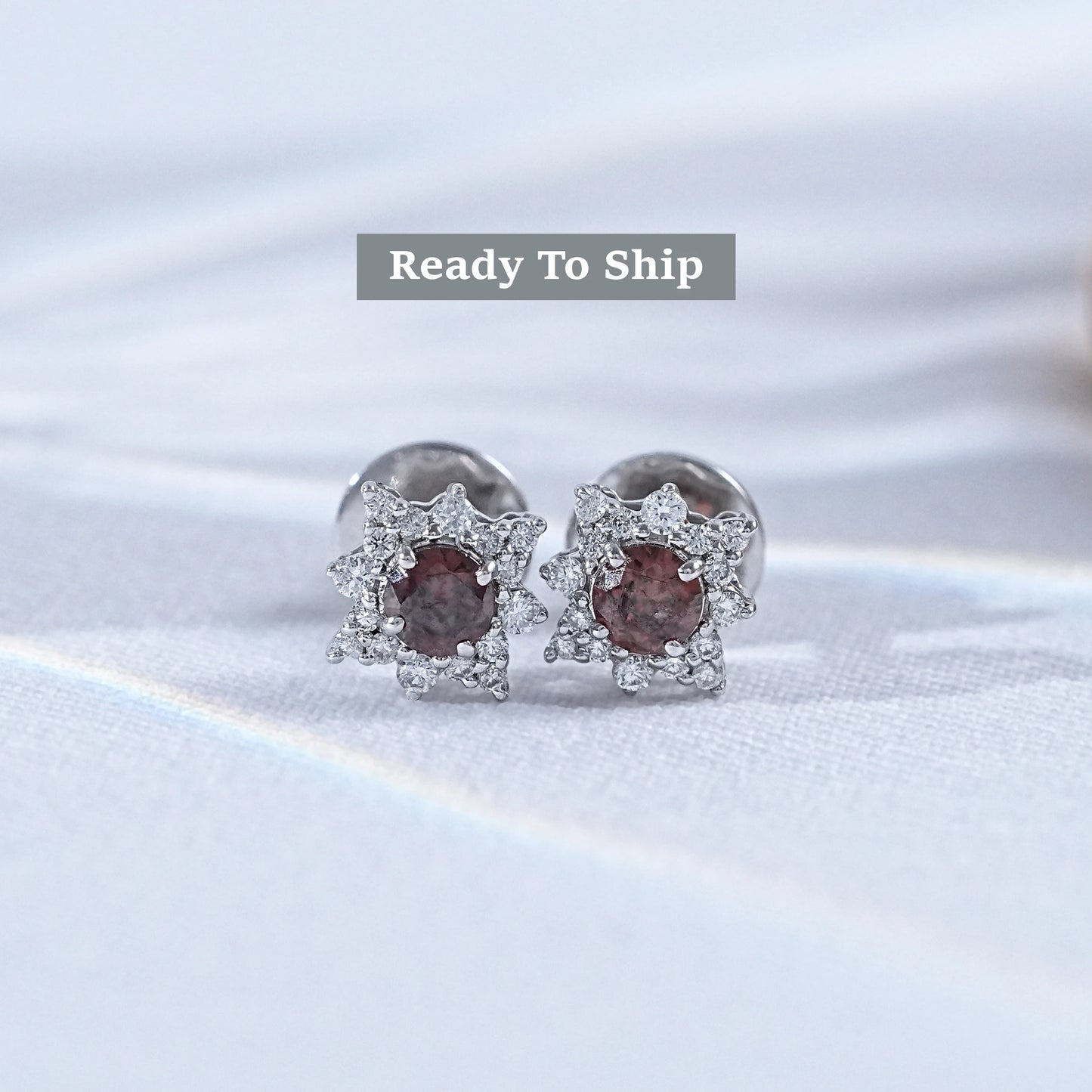 Round Gemstone And Diamond Cluster Stud Earrings
