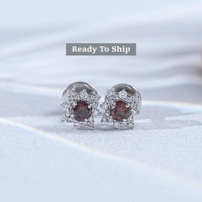 Round Gemstone And Diamond Cluster Stud Earrings