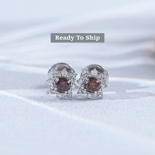 Round Gemstone And Diamond Cluster Stud Earrings