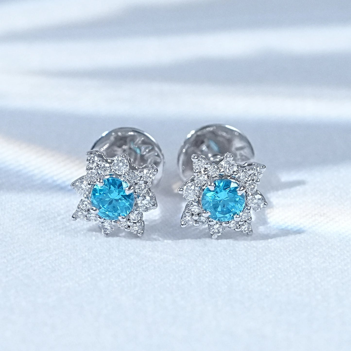Aquamarine Gemstone Floral Shaped Cluster Stud Earrings