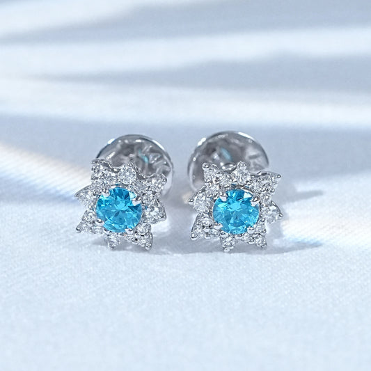 Aquamarine Gemstone Floral Shaped Cluster Stud Earrings