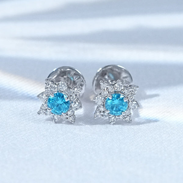 Aquamarine Gemstone Floral Shaped Cluster Stud Earrings