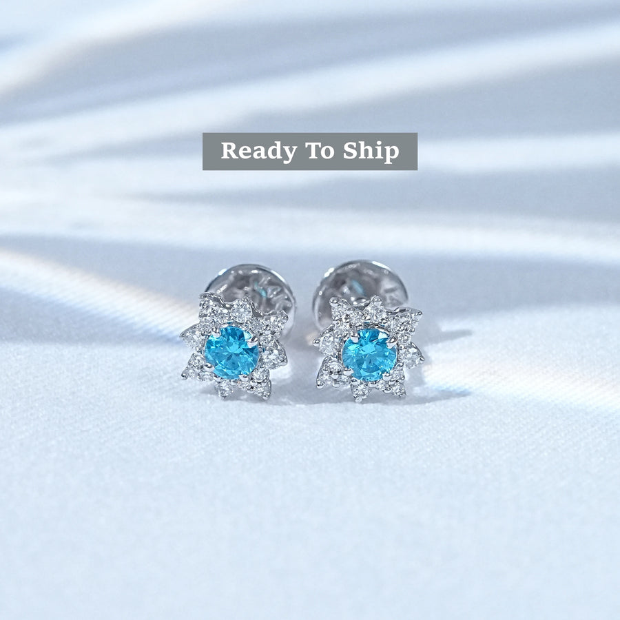 Aquamarine Gemstone Floral Shaped Cluster Stud Earrings