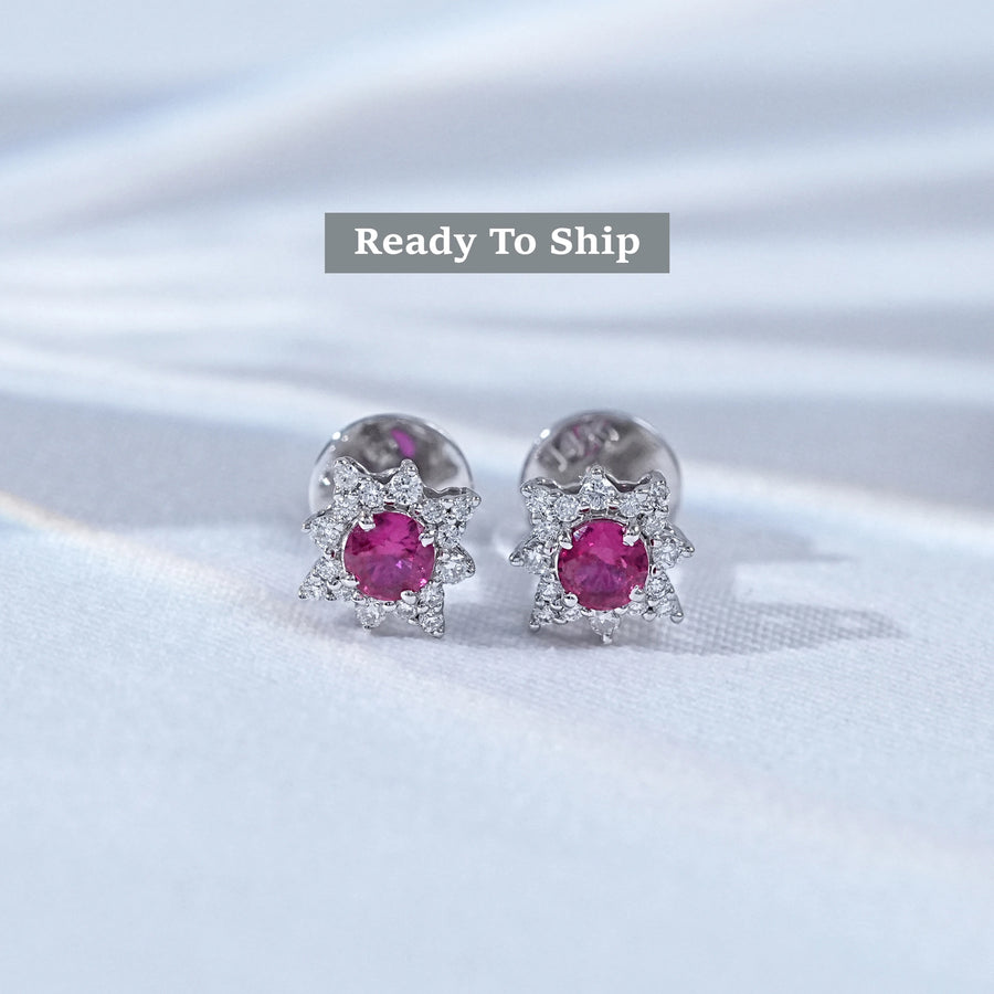 Ruby Round Cut Lab Floral Halo Stud Earrings