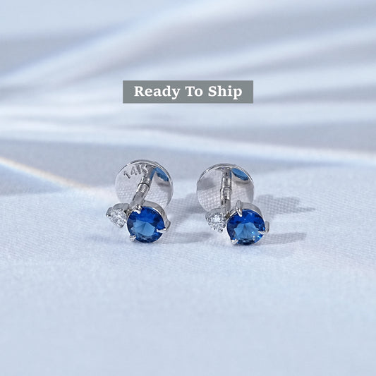 Round Cut Blue Sapphire Two Stone Stud Earrings
