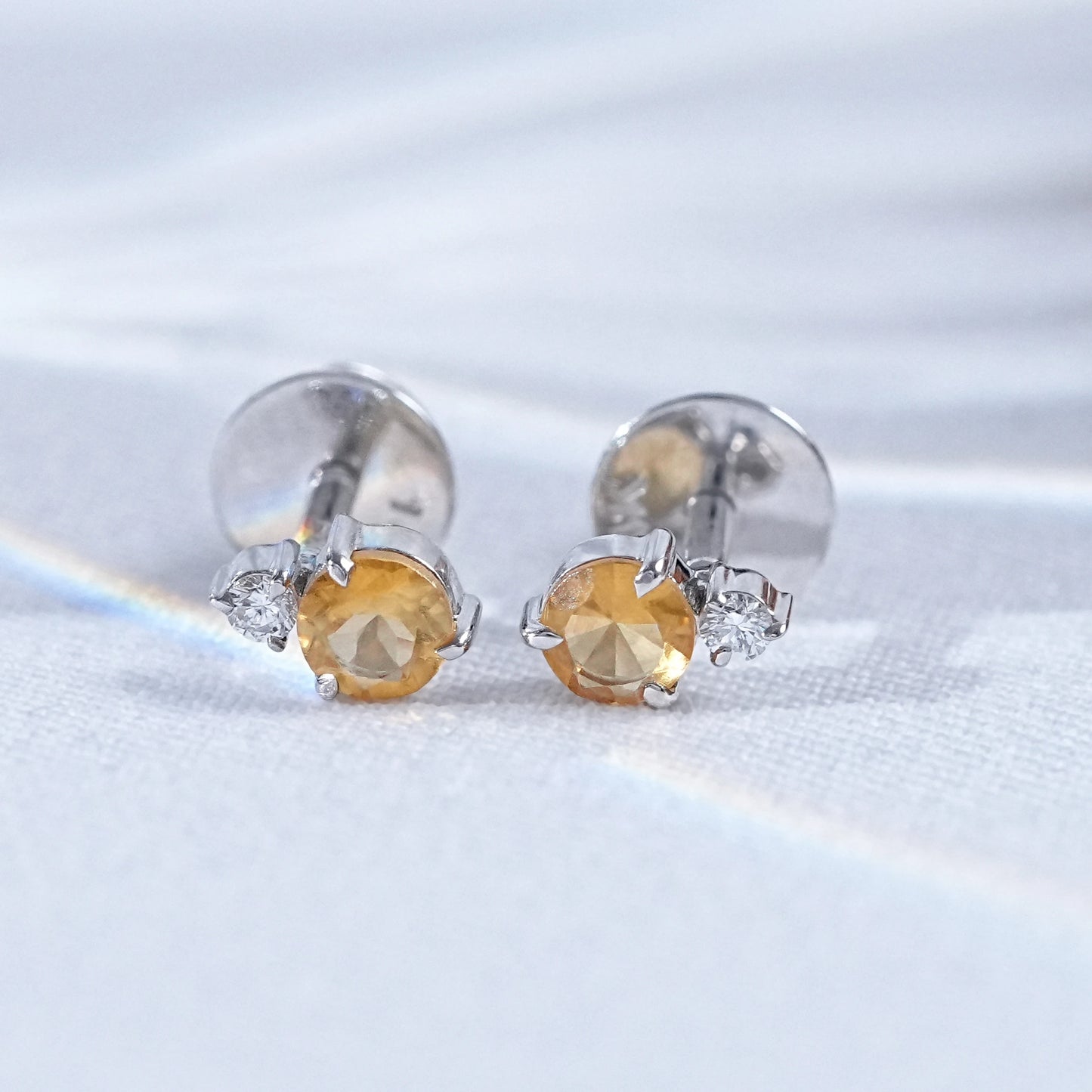 Round Cut Citrine And Diamond Stud Earrings