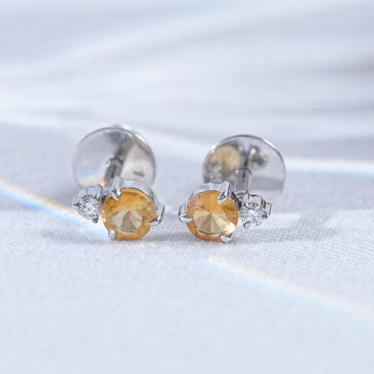 Round Cut Citrine And Diamond Stud Earrings