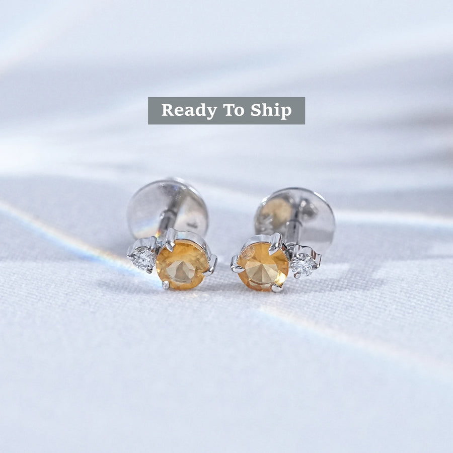 Citrine Round Cut Diamond Stud Earrings