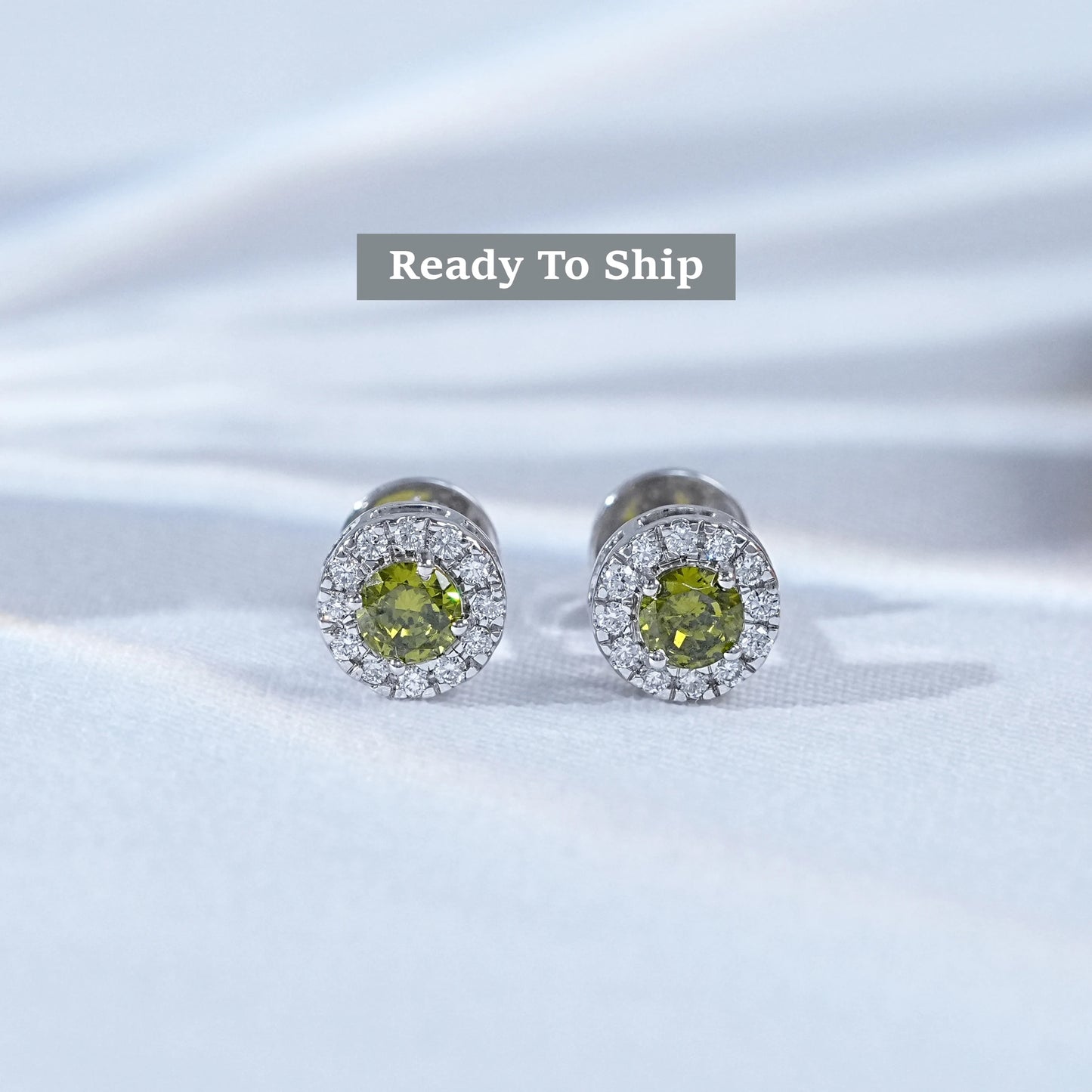Peridot Green Round Cut Halo Stud Earrings