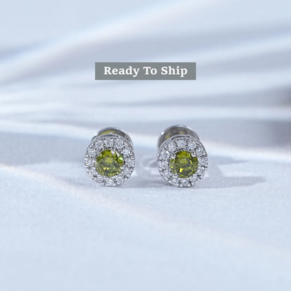 Peridot Green Round Cut Halo Stud Earrings