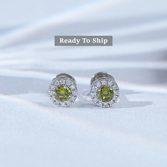 Peridot Green Round Cut Halo Stud Earrings