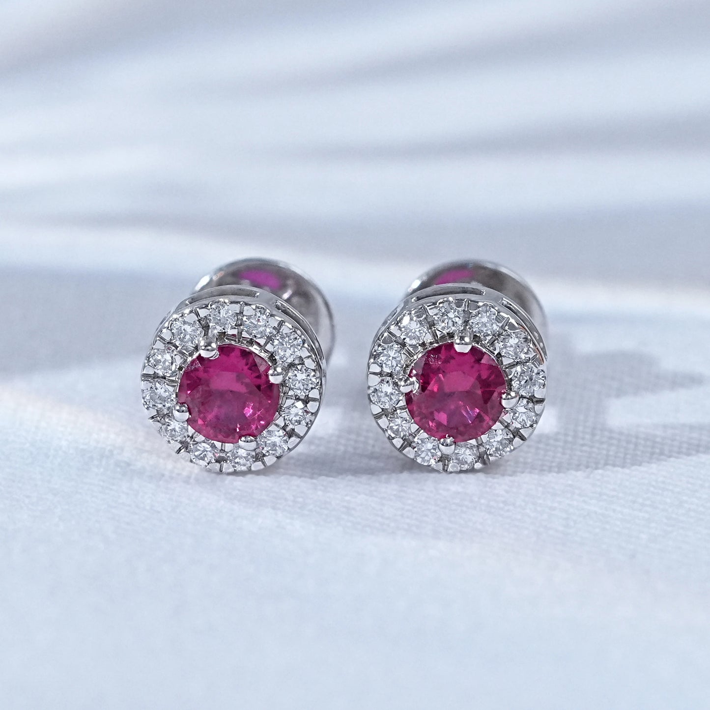 Diamond Round And Tourmaline Pink Halo Stud Earrings