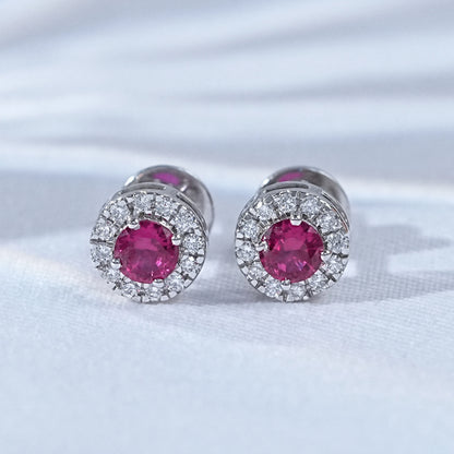Diamond Round And Tourmaline Pink Halo Stud Earrings