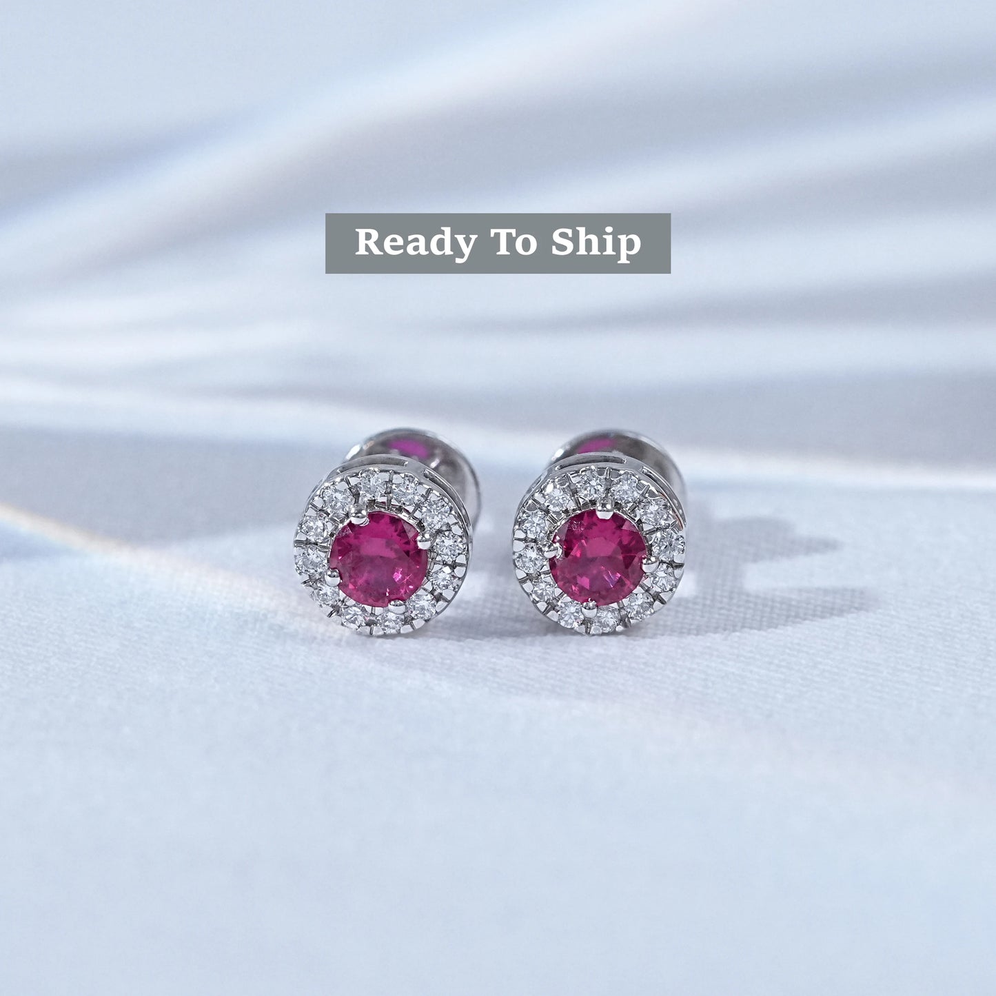 Tourmaline Pink Round Diamond Halo Stud Earrings