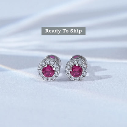 Tourmaline Pink Round Diamond Halo Stud Earrings
