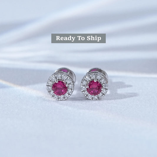 Tourmaline Pink Round Diamond Halo Stud Earrings