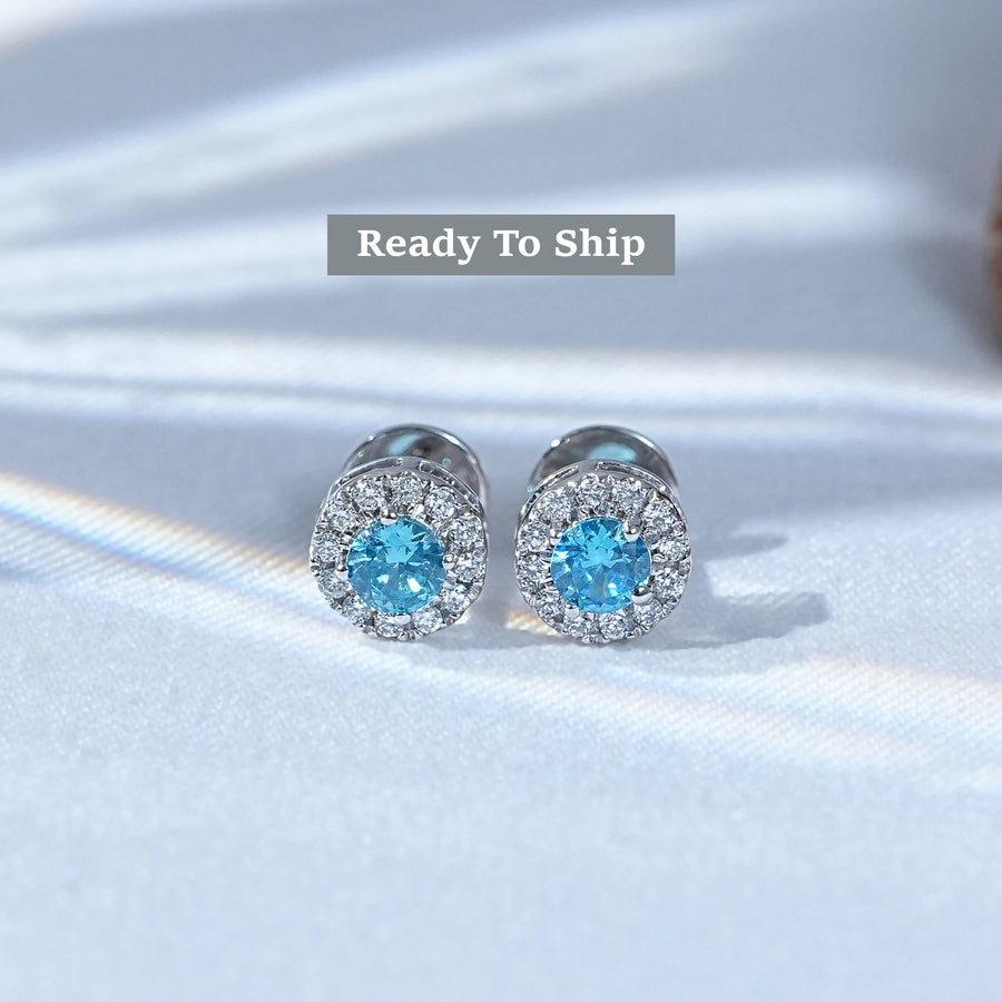 Round Topaz Blue Diamond Halo Stud Earrings
