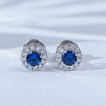 Sapphire Round Lab Diamond Halo Stud Earrings