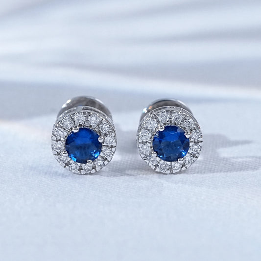 Sapphire Round Lab Diamond Halo Stud Earrings