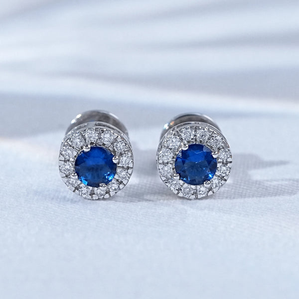 Sapphire Round Lab Diamond Halo Stud Earrings