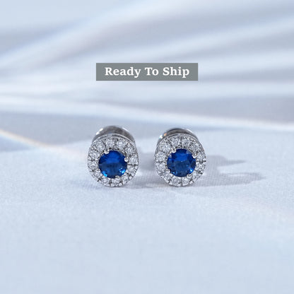 Sapphire Round Cut Lab Diamond Halo Stud Earrings