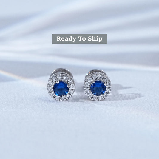 Sapphire Round Cut Lab Diamond Halo Stud Earrings