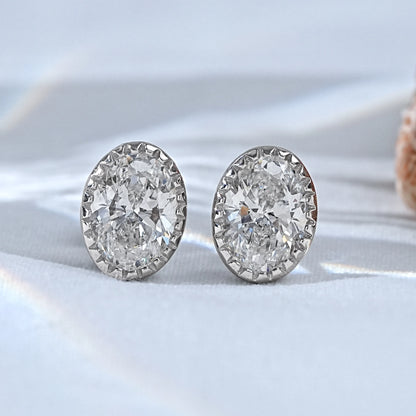 Natural Oval Cut Diamond Milgrain Set Stud Earrings