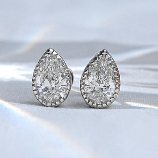 Moissanite Pear Cut Milgrain Set Stud Earrings