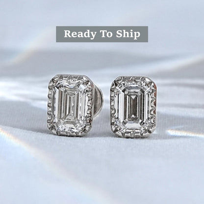 Milgrain Set Emerald Shape Stud