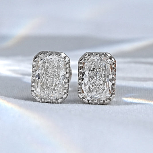 Milgrain Radiant Cut Moissanite Stud Earrings