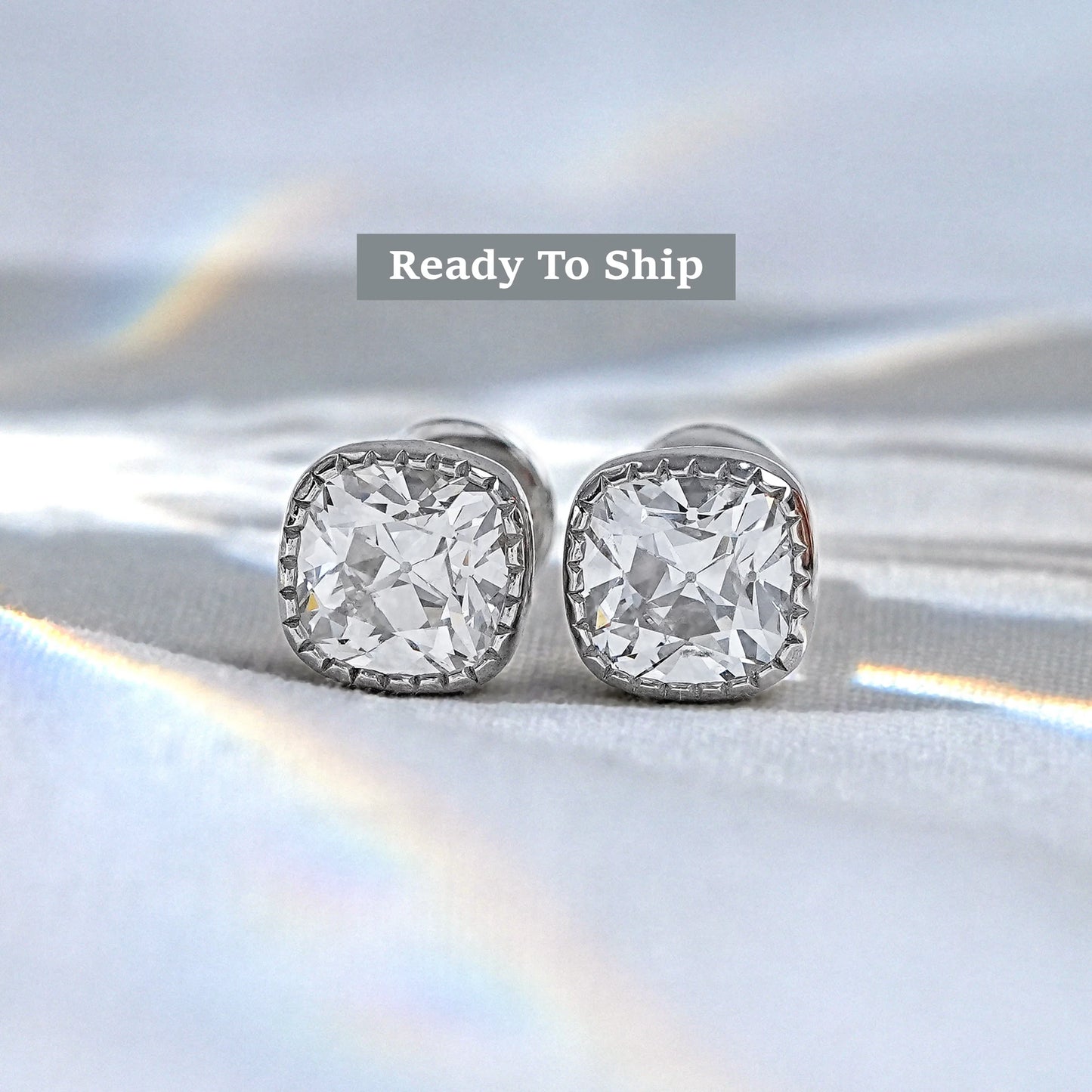 Square Old Mine Cushion Diamond Stud