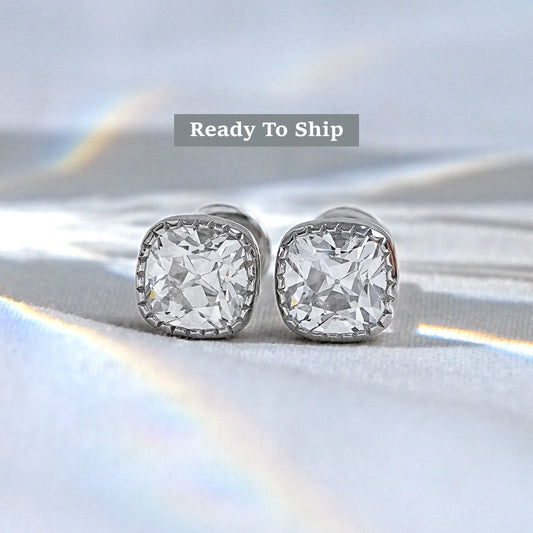 Square Old Mine Cushion Diamond Stud