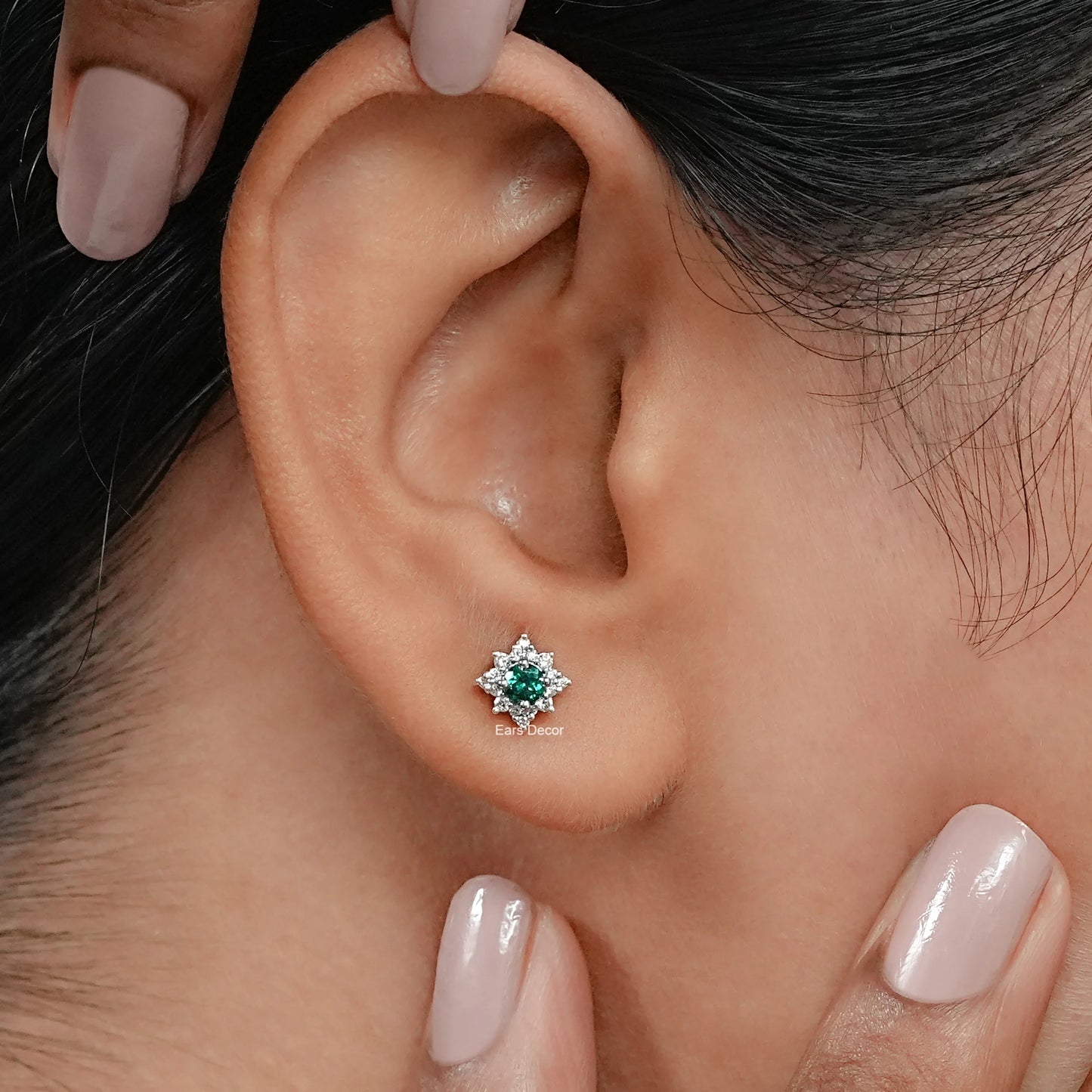 Emerald Round Gemstone Cluster Stud Earrings