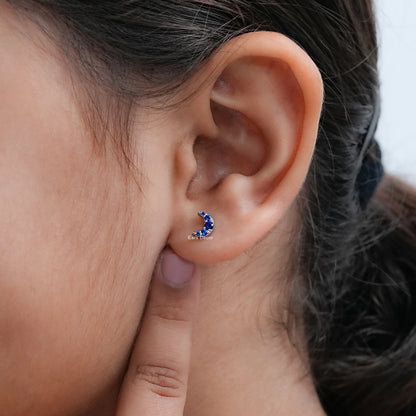 Round Sapphire Crescent Moon Dainty Studs