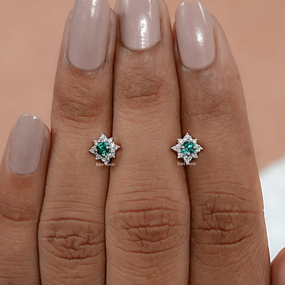 Emerald Round Gemstone Cluster Stud Earrings
