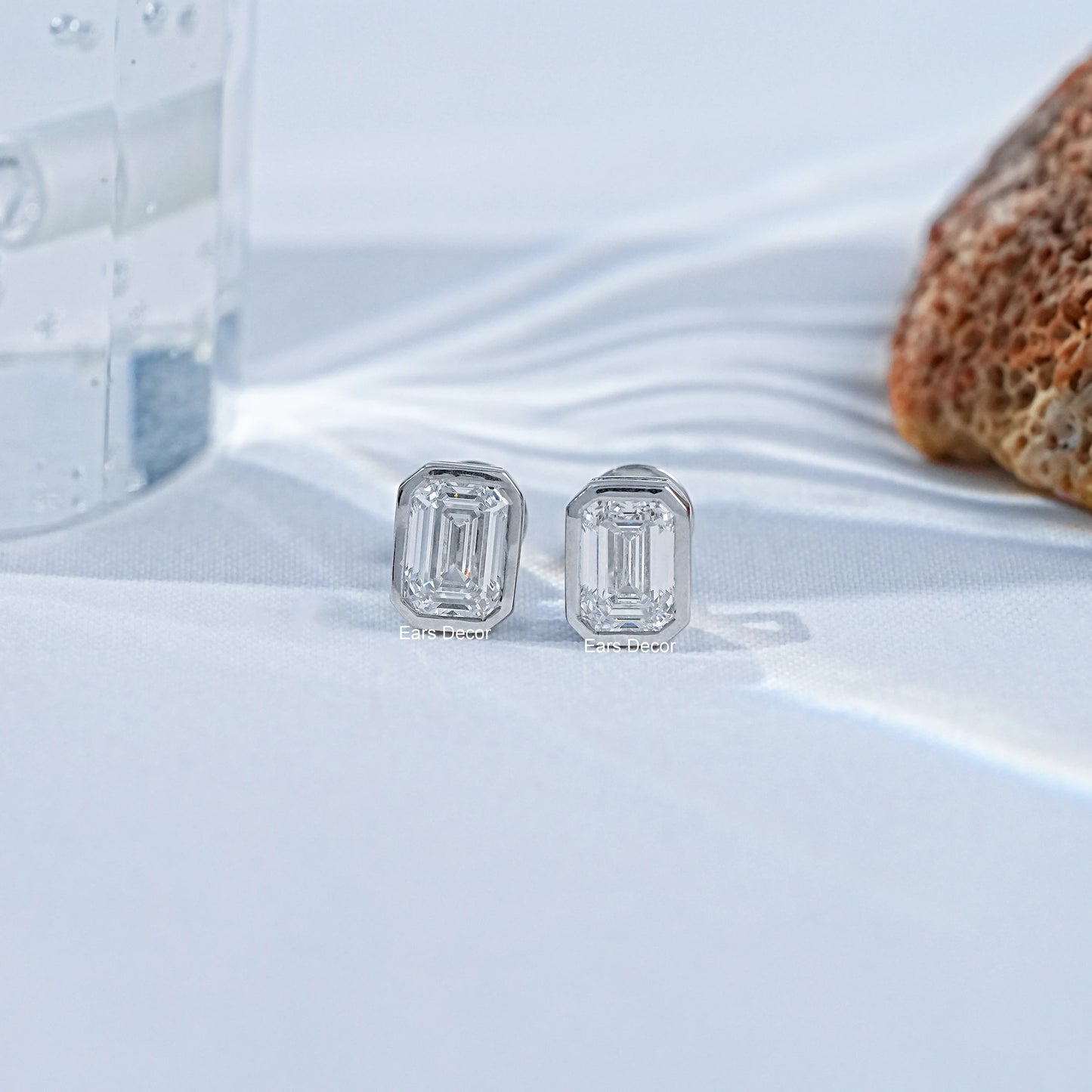 Colourless Emerald Cut Moissanite Bezel Set Stud