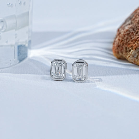 Emerald Cut Eco Friendly Diamond Bezel Set Solitaire Stud