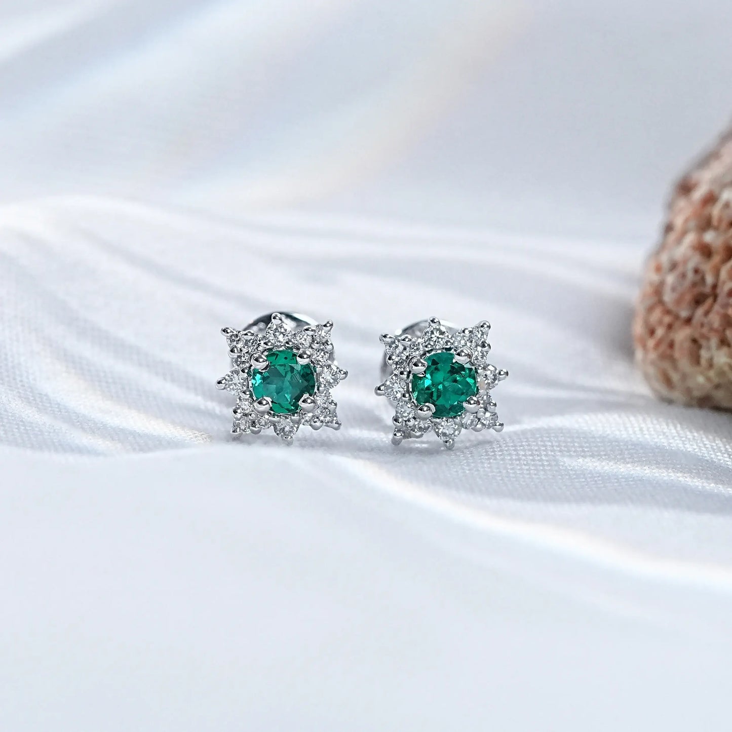 Emerald Round Gemstone Cluster Stud Earrings