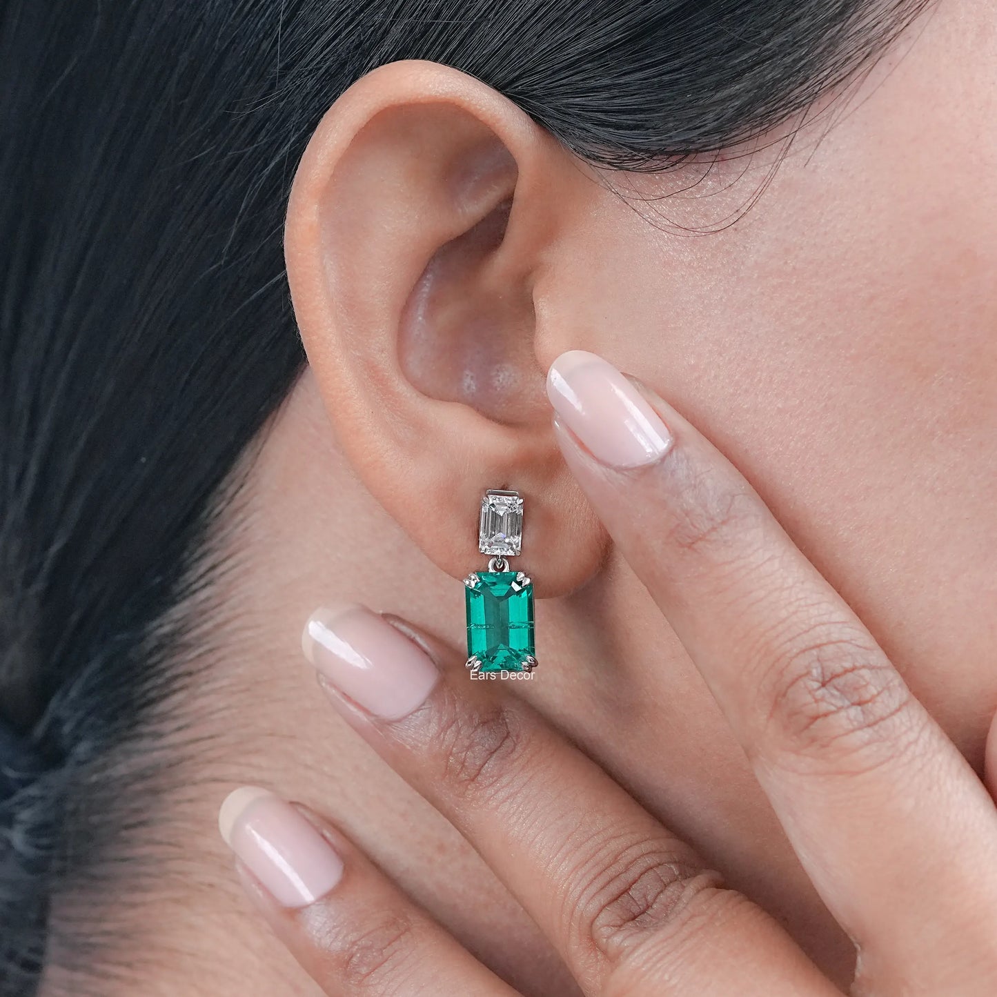 Emerald Cut Green Gemstone Dangle Earrings