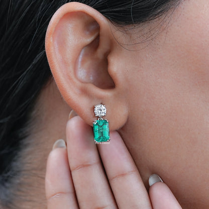 Round Lab Diamond & Emerald Gemstone Drop Earrings