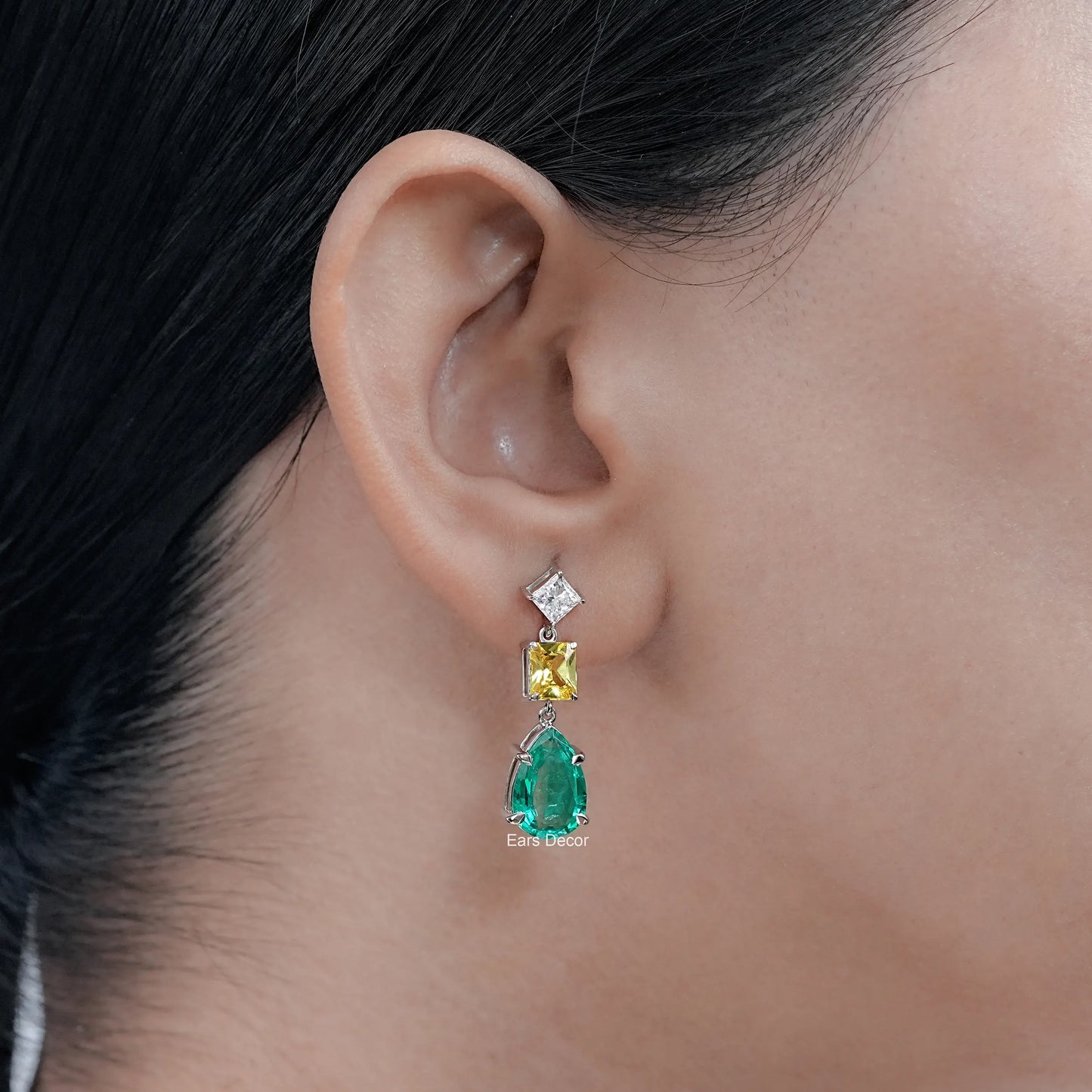 Lab Diamond & Emerald Gemstone Tear Drop Earrings