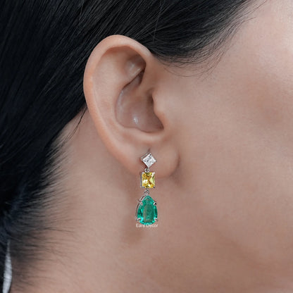 Lab Diamond & Emerald Gemstone Tear Drop Earrings
