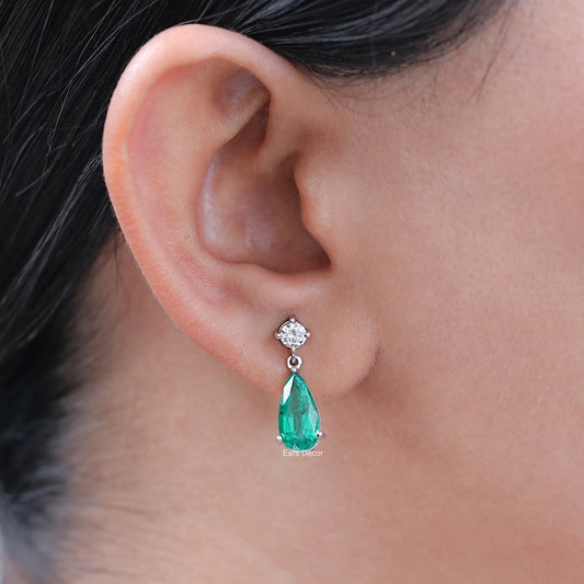 Pear Shaped Emerald Gemstone & Lab Diamond Drop Earrings
