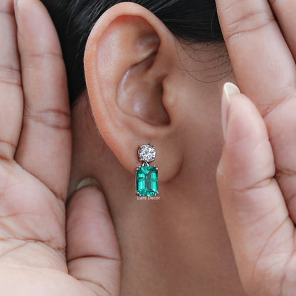 Round Lab Diamond & Emerald Gemstone Drop Earrings