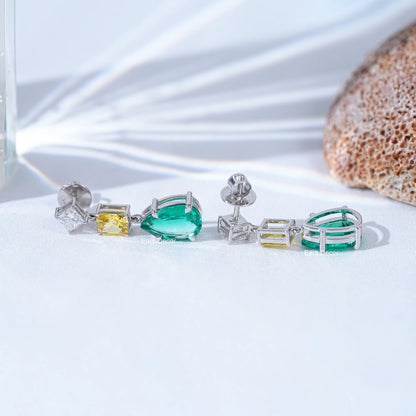 Lab Diamond & Emerald Gemstone Tear Drop Earrings