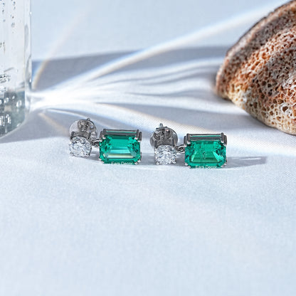 Round Lab Diamond & Emerald Gemstone Drop Earrings