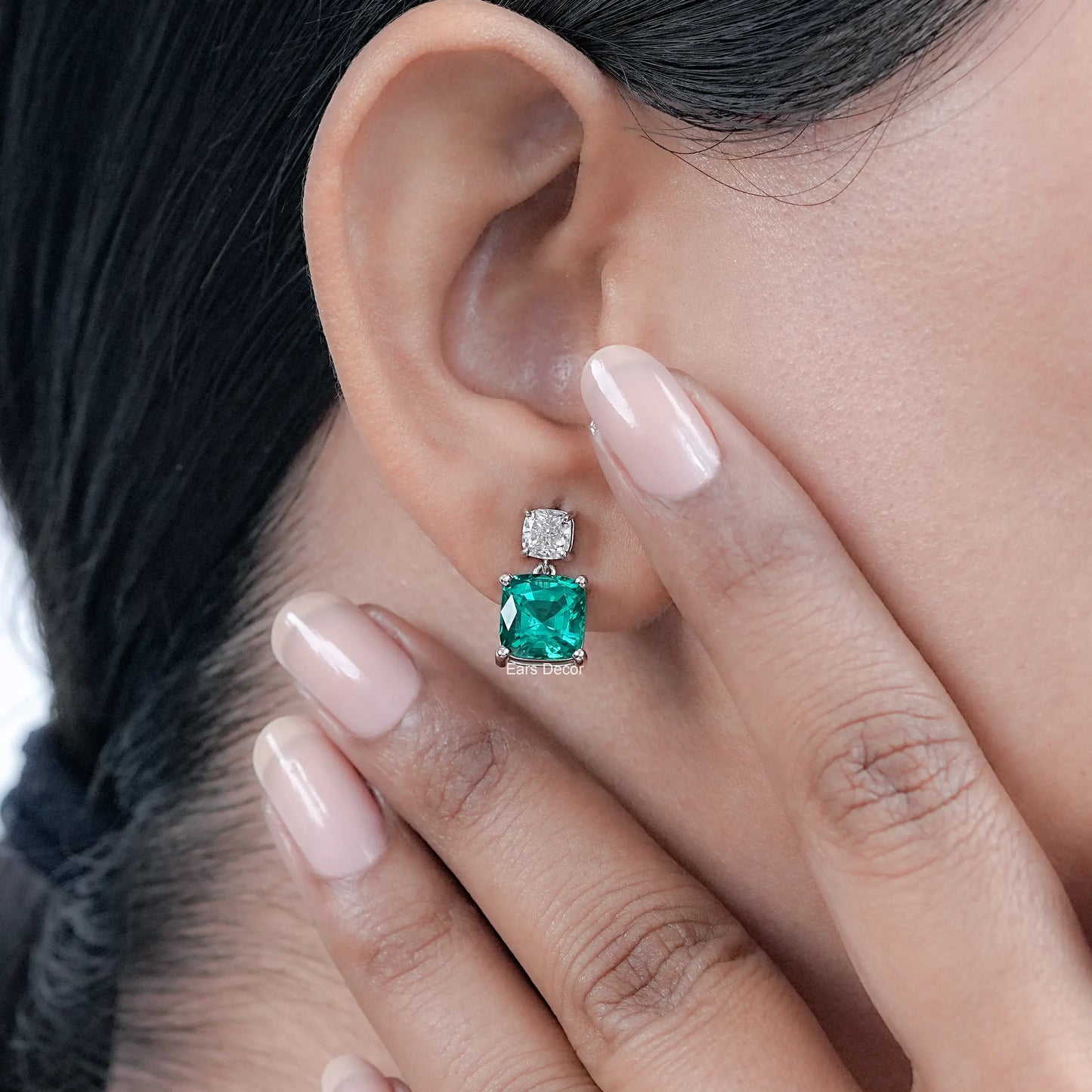 Emerald Gemstone & Lab Diamond Drop Earrings