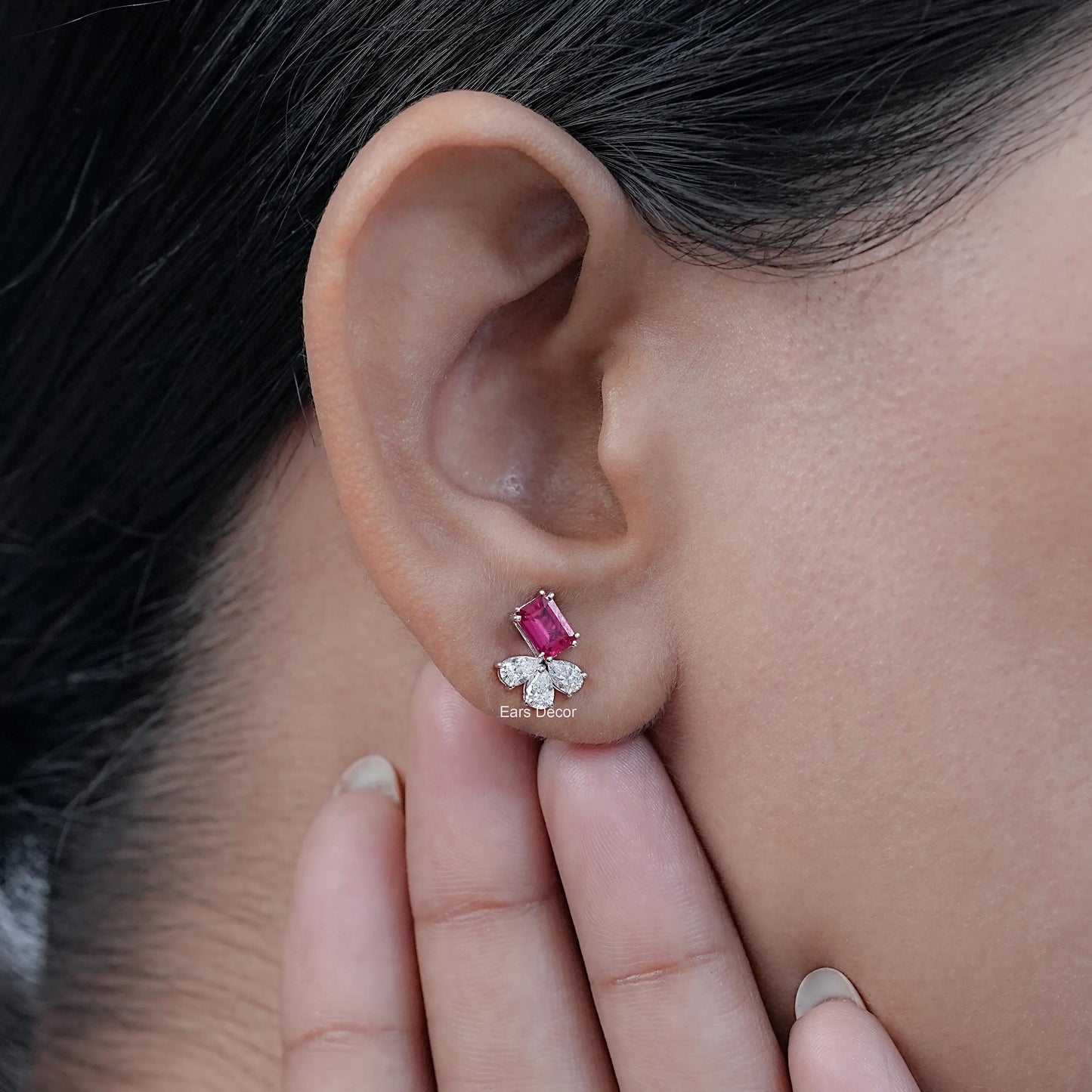 Ruby Emerald And Pear Lab Diamond Stud Earrings